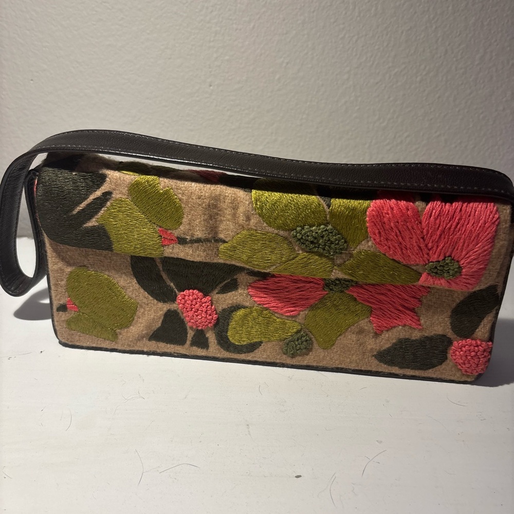 Pink and Green tapestry embroidered Clutch with leather strap and detailing